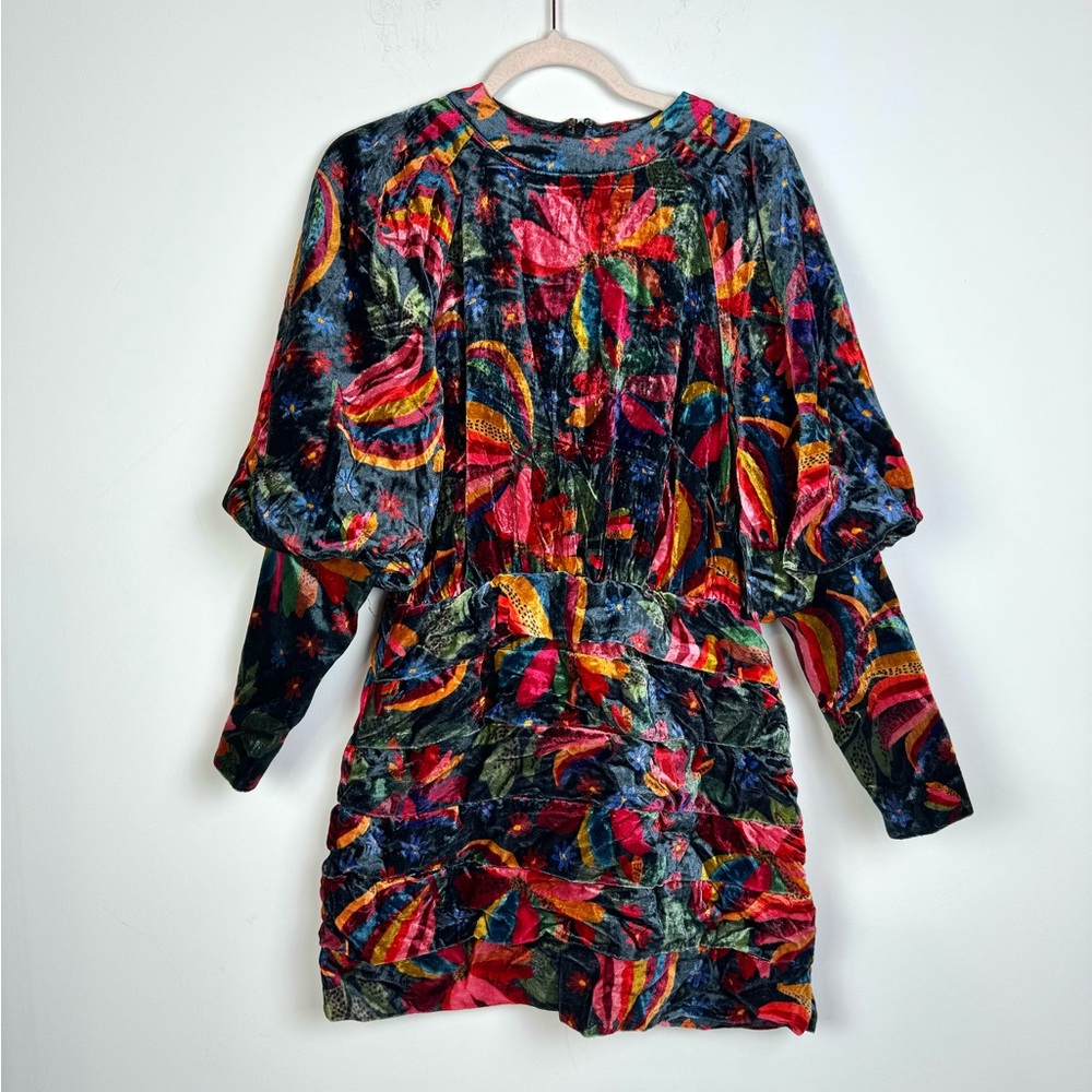 NEW Farm Rio Tropical Velvet Multicolor Sky Short Dress With Long Sleeves Medium